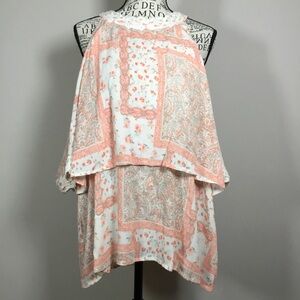 NWT Cold shoulder peach coral layered top patchwork crochet neck & sleeve L